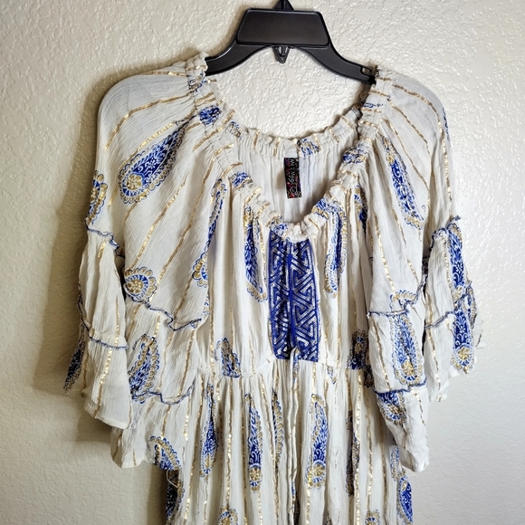 Anthropologie Me2Magic Maxi Dress White Blue Boho Santorini Summer Sz L - Picture 2 of 8